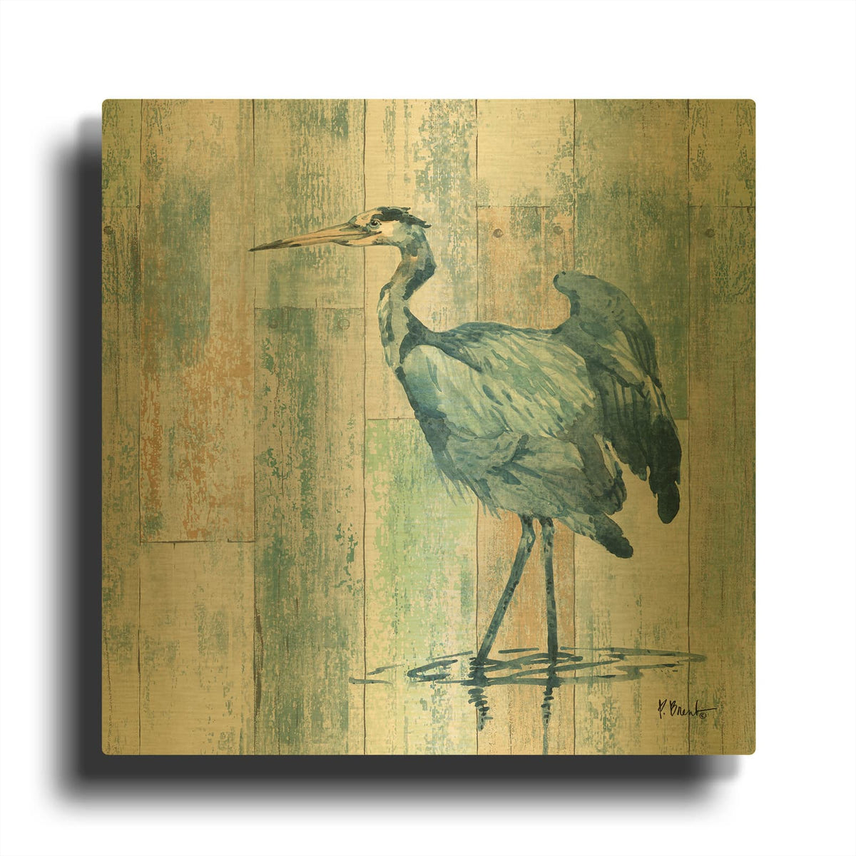 'Arianna Blue Heron - Wood' By Paul Brent Gold Metal Wall Art