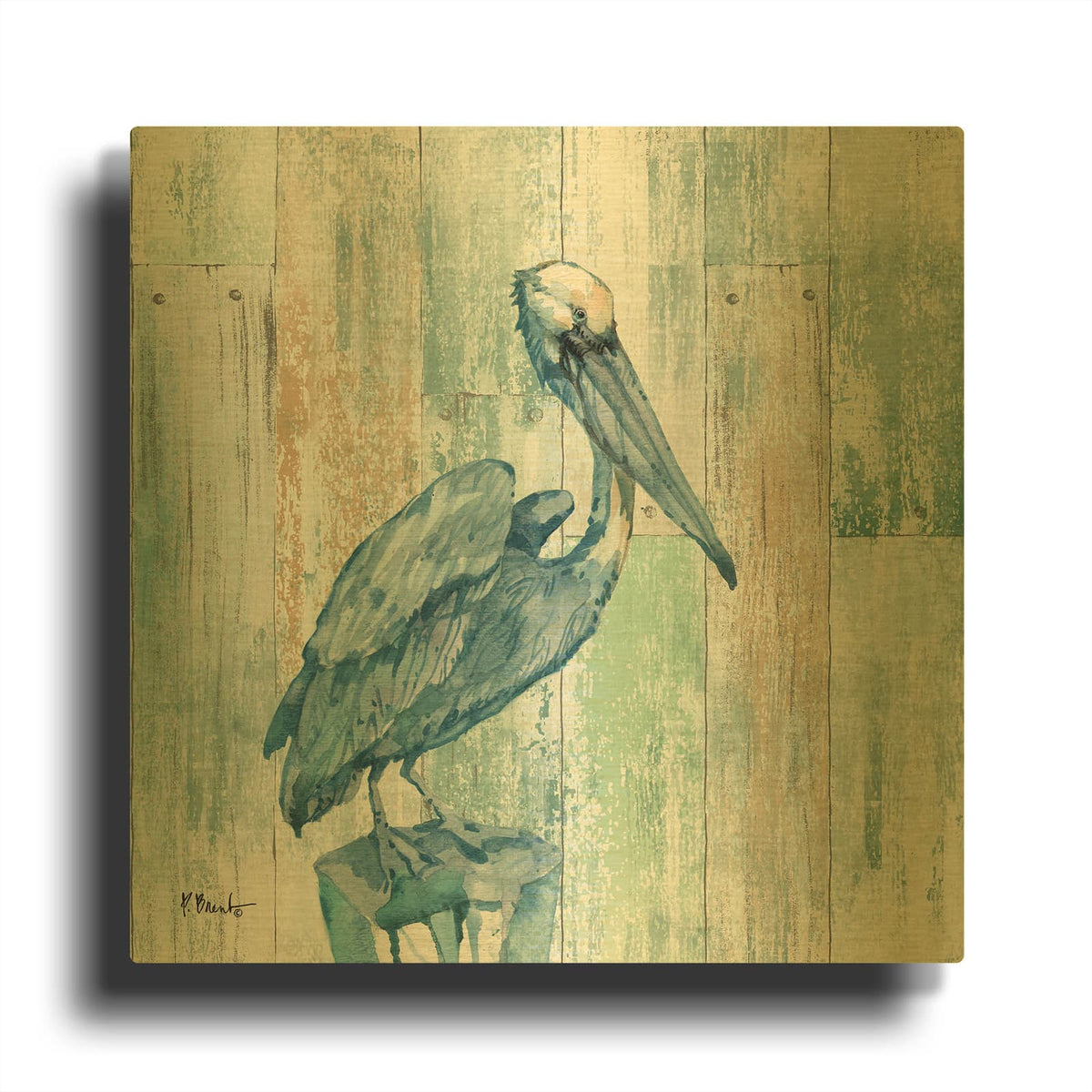 'Arianna Pelican - Wood' By Paul Brent Gold Metal Wall Art