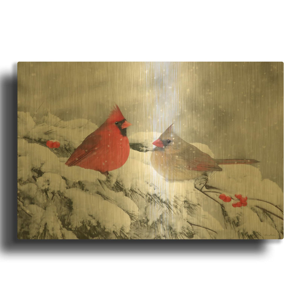'Cardinals in Snow' By Lori Deiter Gold Metal Wall Art
