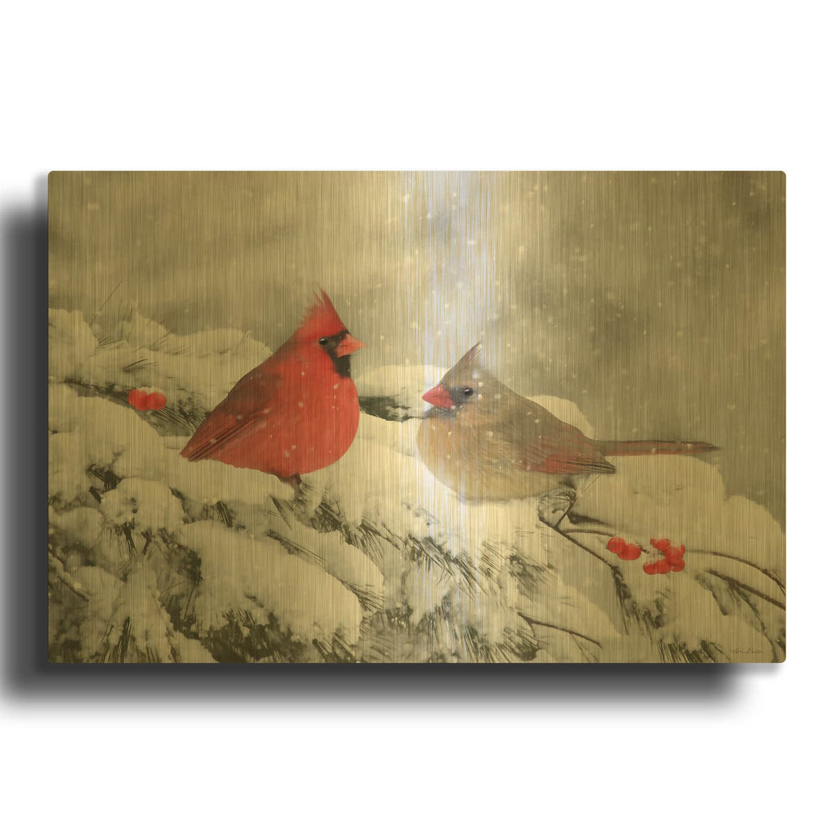 'Cardinals in Snow' By Lori Deiter Gold Metal Wall Art