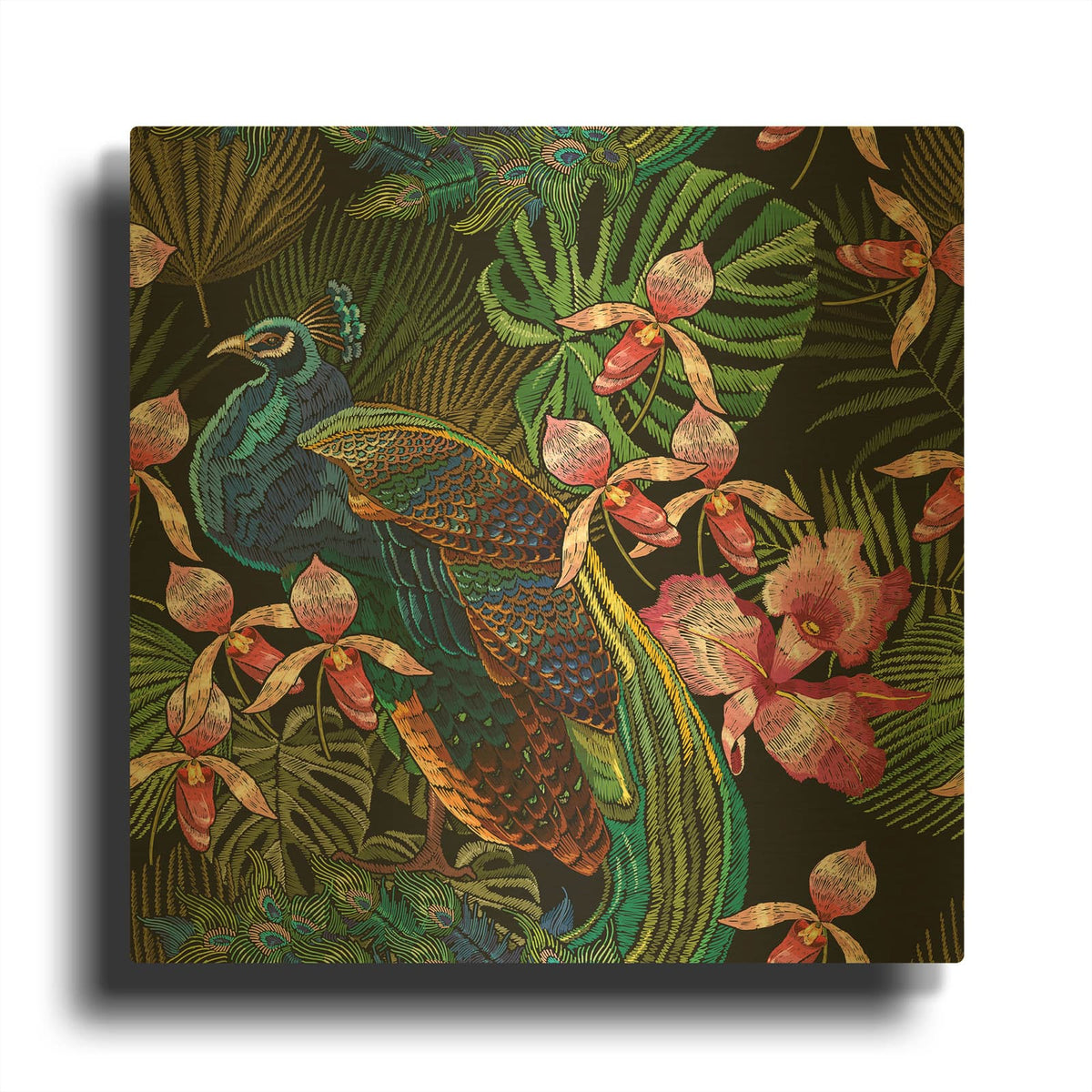 'Embroidery Peacock Exotic Tropical Flower' By Luxe Gold Metal Wall Art