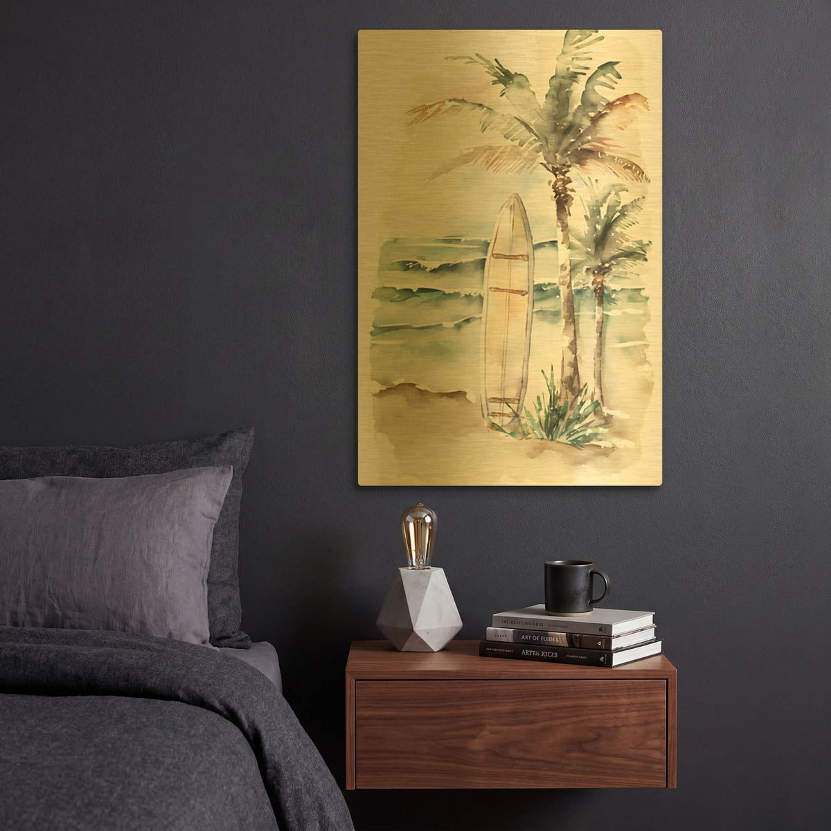 'Watercolor Beach Surfboard' By Petals Prints Design Gold Metal Wall Art