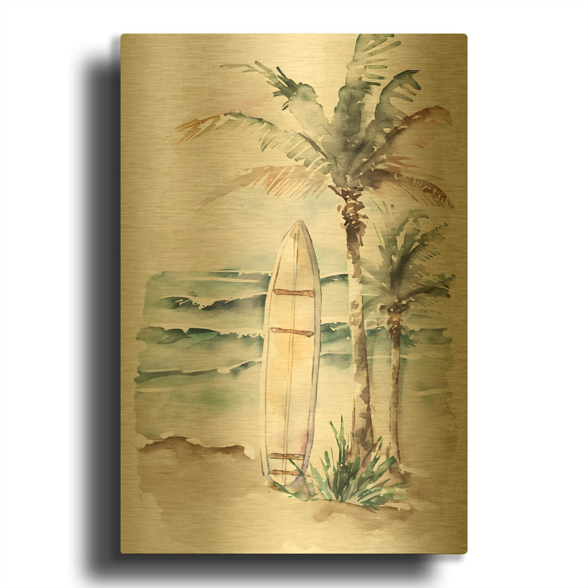 'Watercolor Beach Surfboard' By Petals Prints Design Gold Metal Wall Art