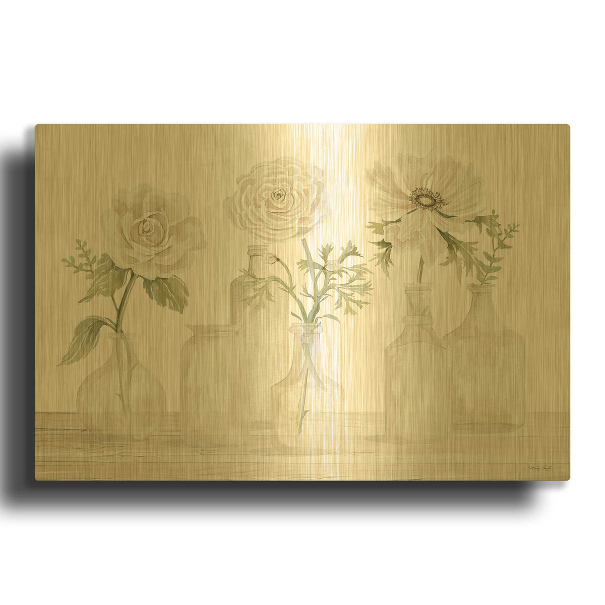 'Bottles and Flowers I' By Cindy Jacobs Gold Metal Wall Art