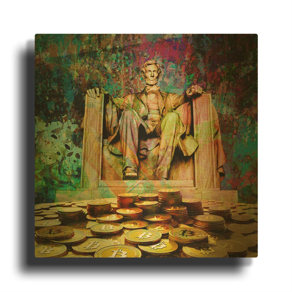 'Lincoln On Bitcoin Mountain' By Valentyn Artemenko Gold Metal Wall Art