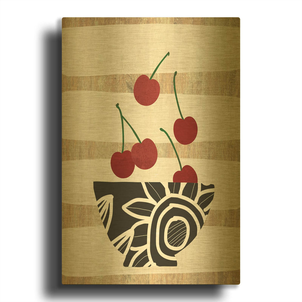 'Bowl Of Cherries On Wood' By Linda Woods Gold Metal Wall Art