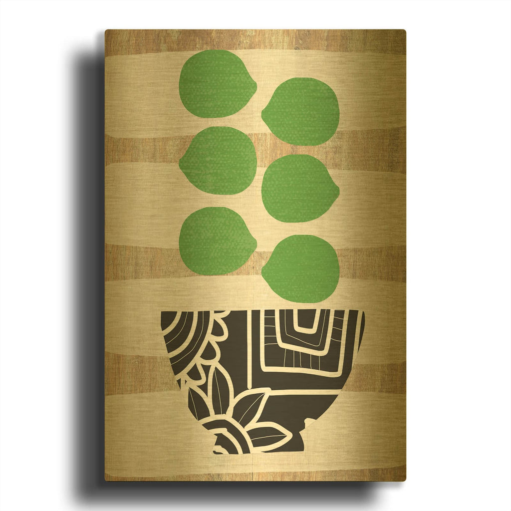 'Bowl Of Limes On Wood' By Linda Woods Gold Metal Wall Art
