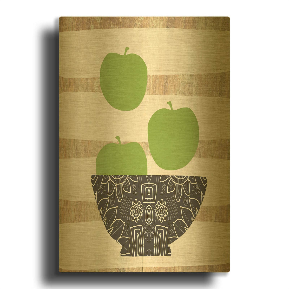 'Green Apples On Wood' By Linda Woods Gold Metal Wall Art
