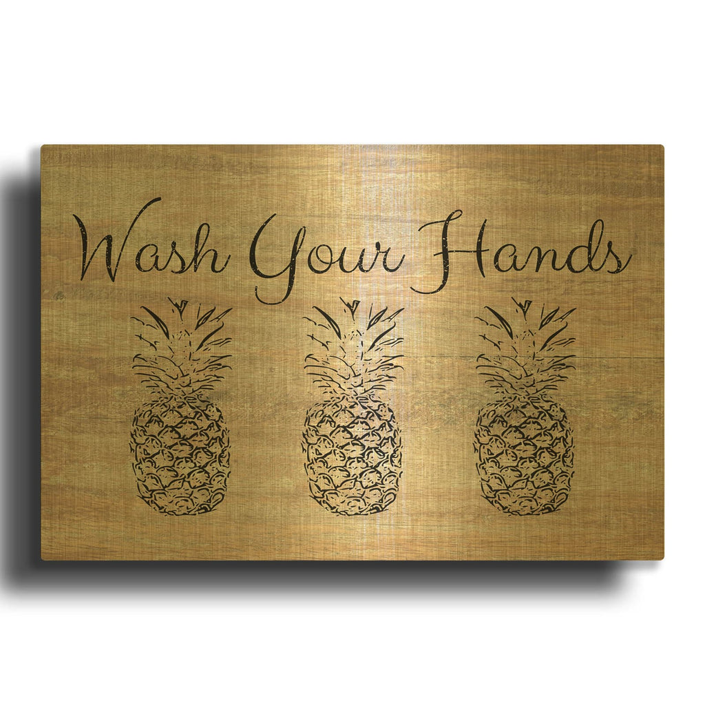 'Wash Your Hands Pineapples On Wood' By Linda Woods Gold Metal Wall Art