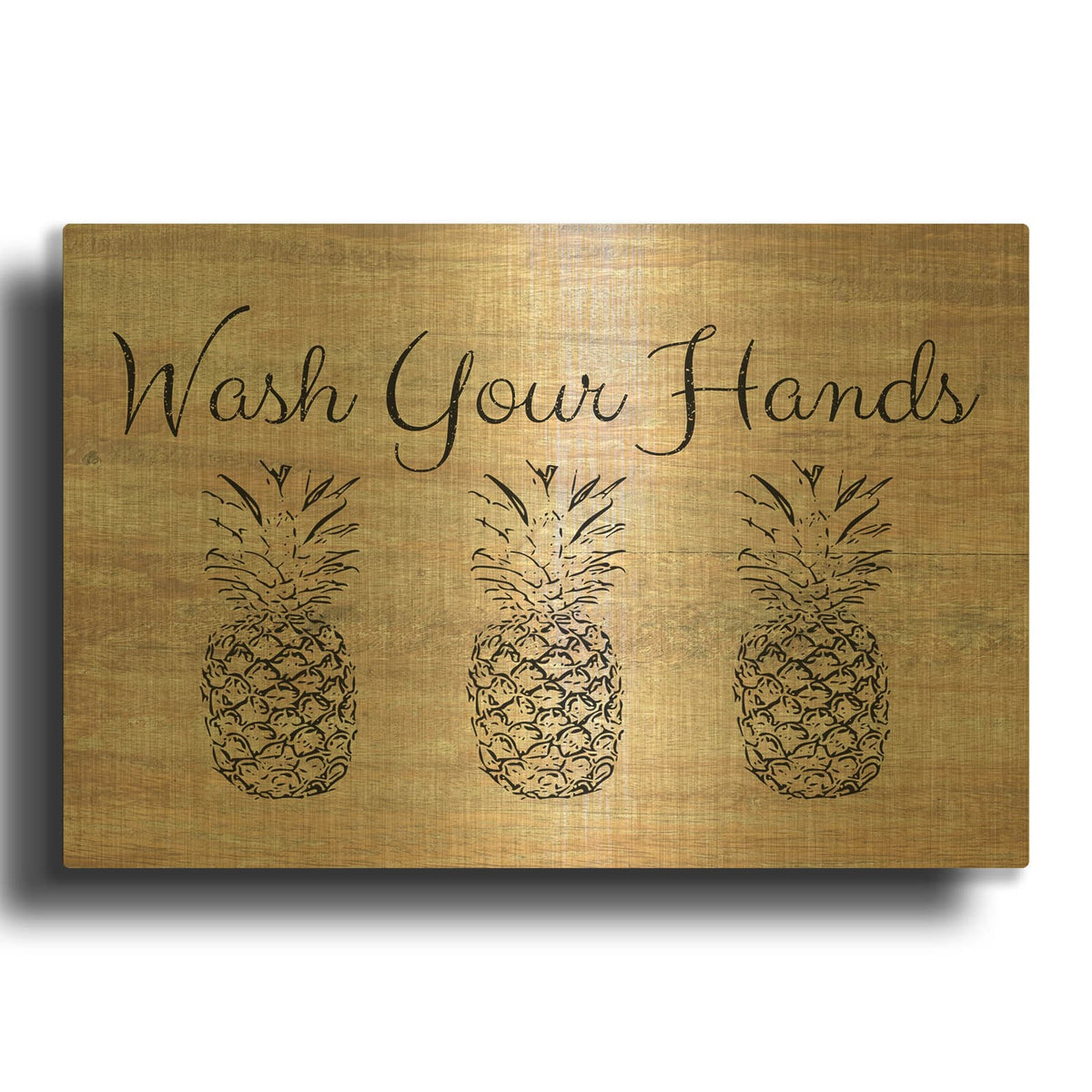 'Wash Your Hands Pineapples On Wood' By Linda Woods Gold Metal Wall Art