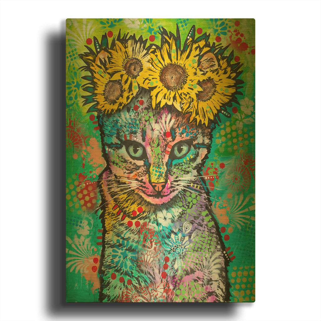 'Tabby Cat Daisies' By Dean Russo Gold Metal Wall Art