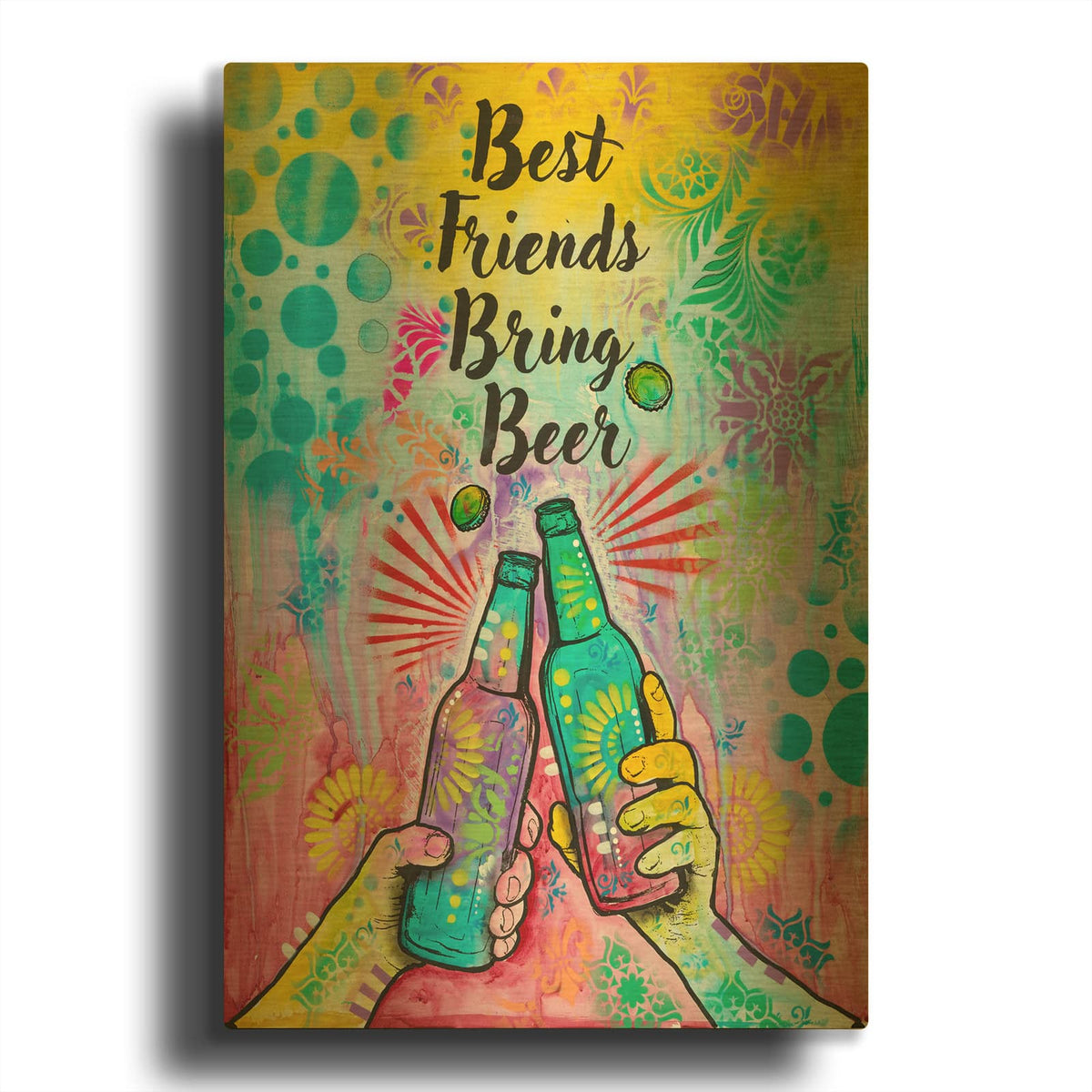 'Cheers - Best Friends Bring Beer' By Dean Russo Gold Metal Wall Art