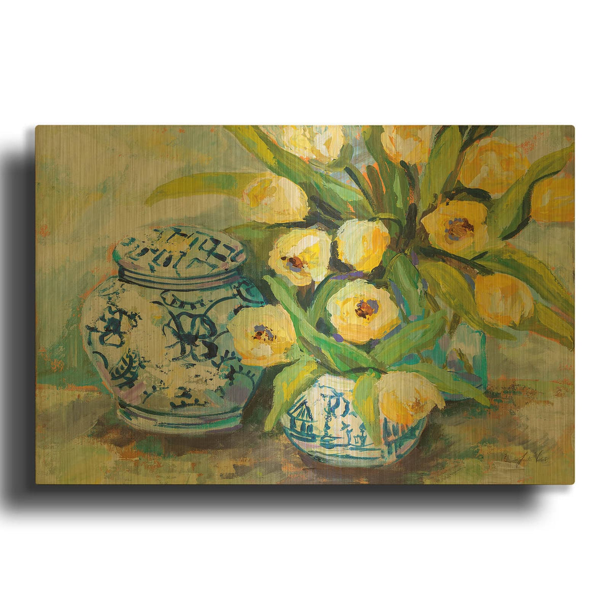 'Tulips Chinoiserie' By Jeanette Vertentes Gold Metal Wall Art