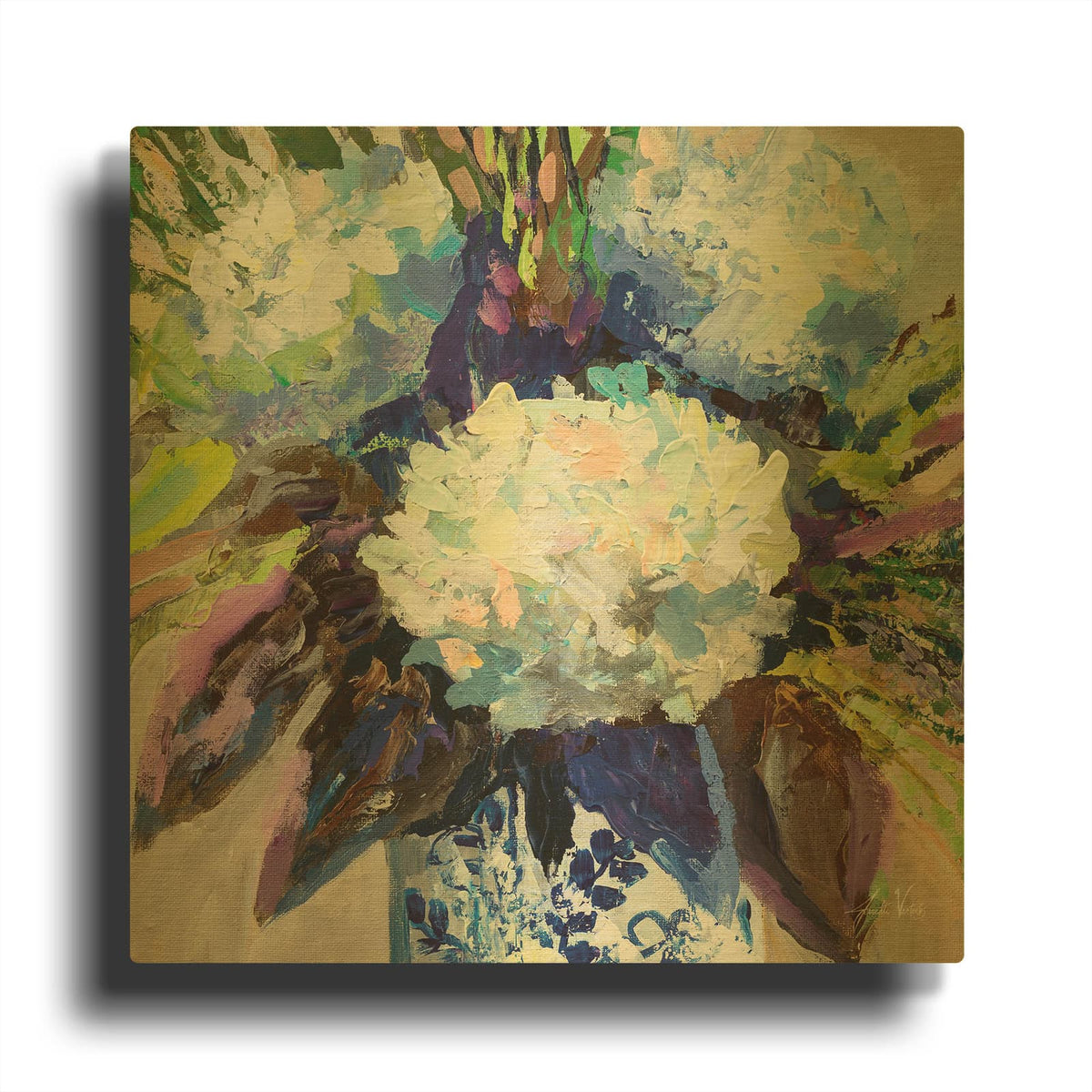'Hydrangea Chinoiserie 2' By Jeanette Vertentes Gold Metal Wall Art