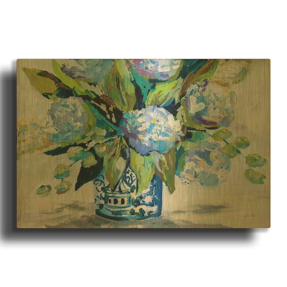 'Hydrangea Blue' By Jeanette Vertentes Gold Metal Wall Art