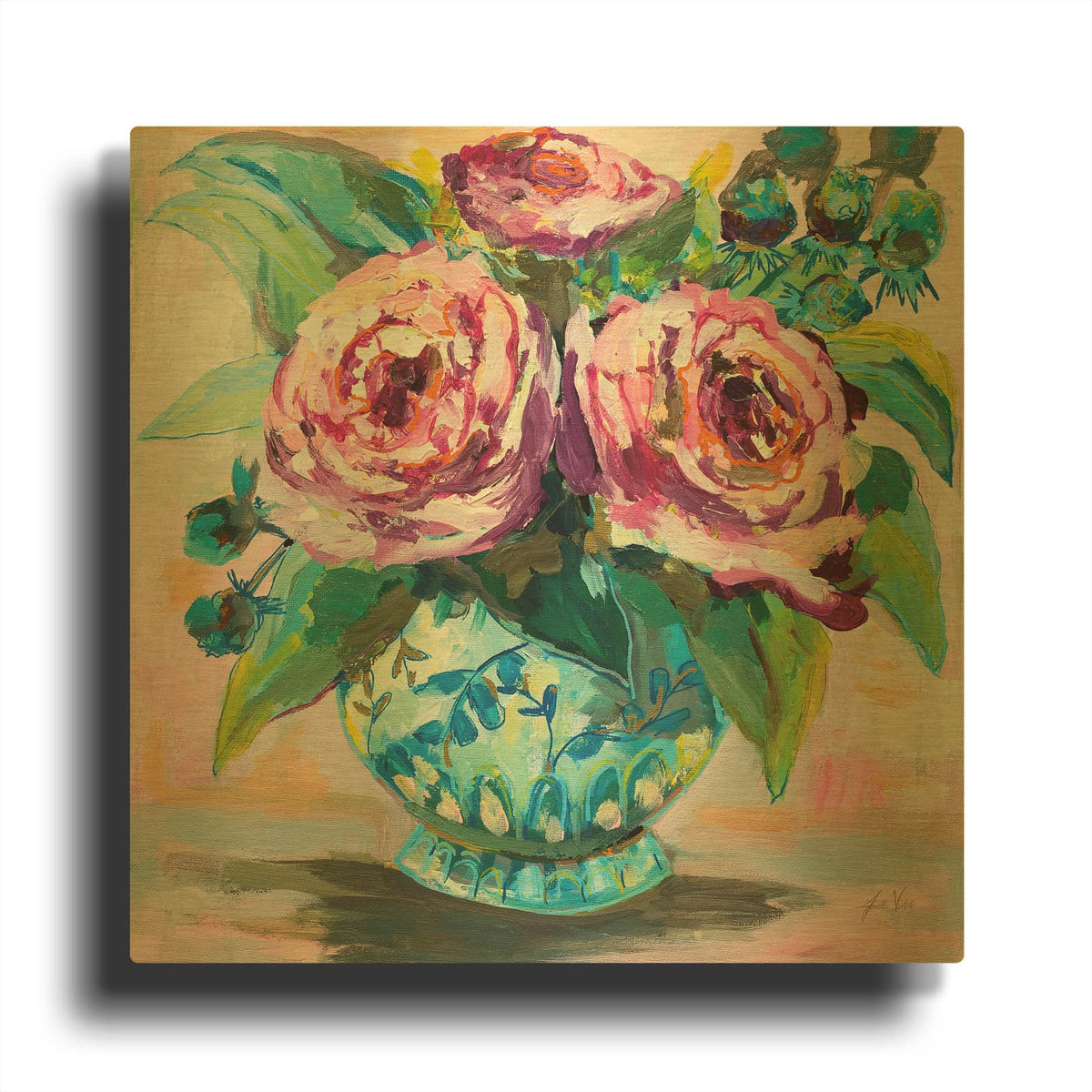 'Pink Peonies 2' By Jeanette Vertentes Gold Metal Wall Art