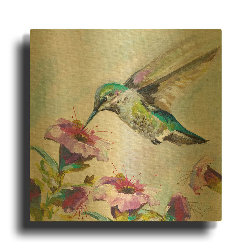 'Hummingbird 2 Florals' By Jeanette Vertentes Gold Metal Wall Art