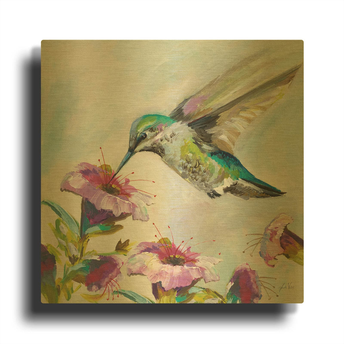 'Hummingbird 2 Florals' By Jeanette Vertentes Gold Metal Wall Art