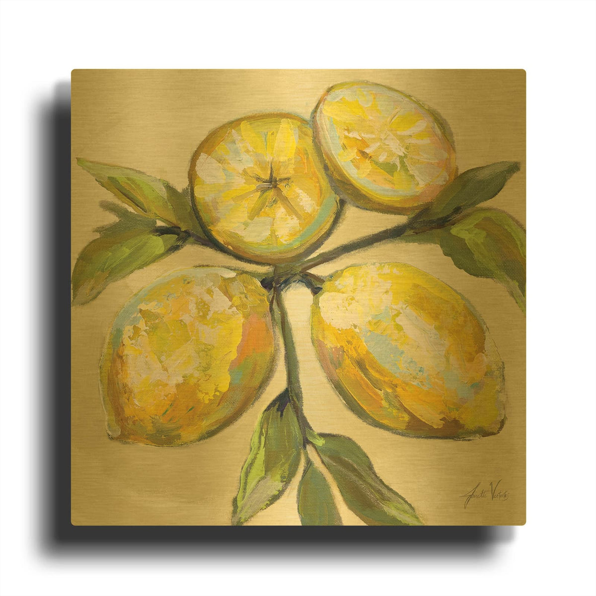 'Lemons On Cream' By Jeanette Vertentes Gold Metal Wall Art