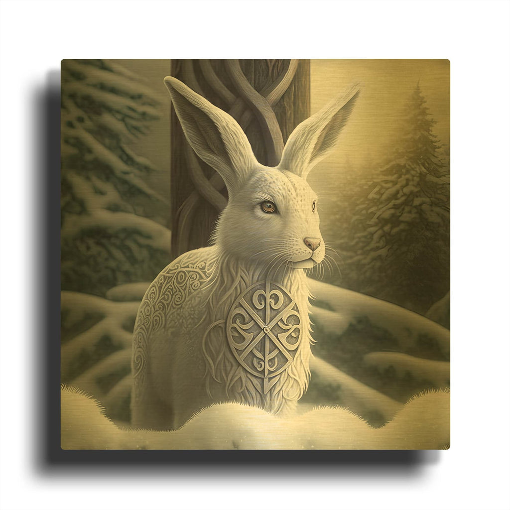 'White Celtic Hare Spirit Animal' By The Golden Valley Gold Metal Wall Art