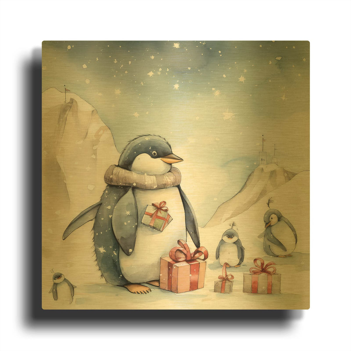 'Penguin Presents' By The Golden Valley Gold Metal Wall Art