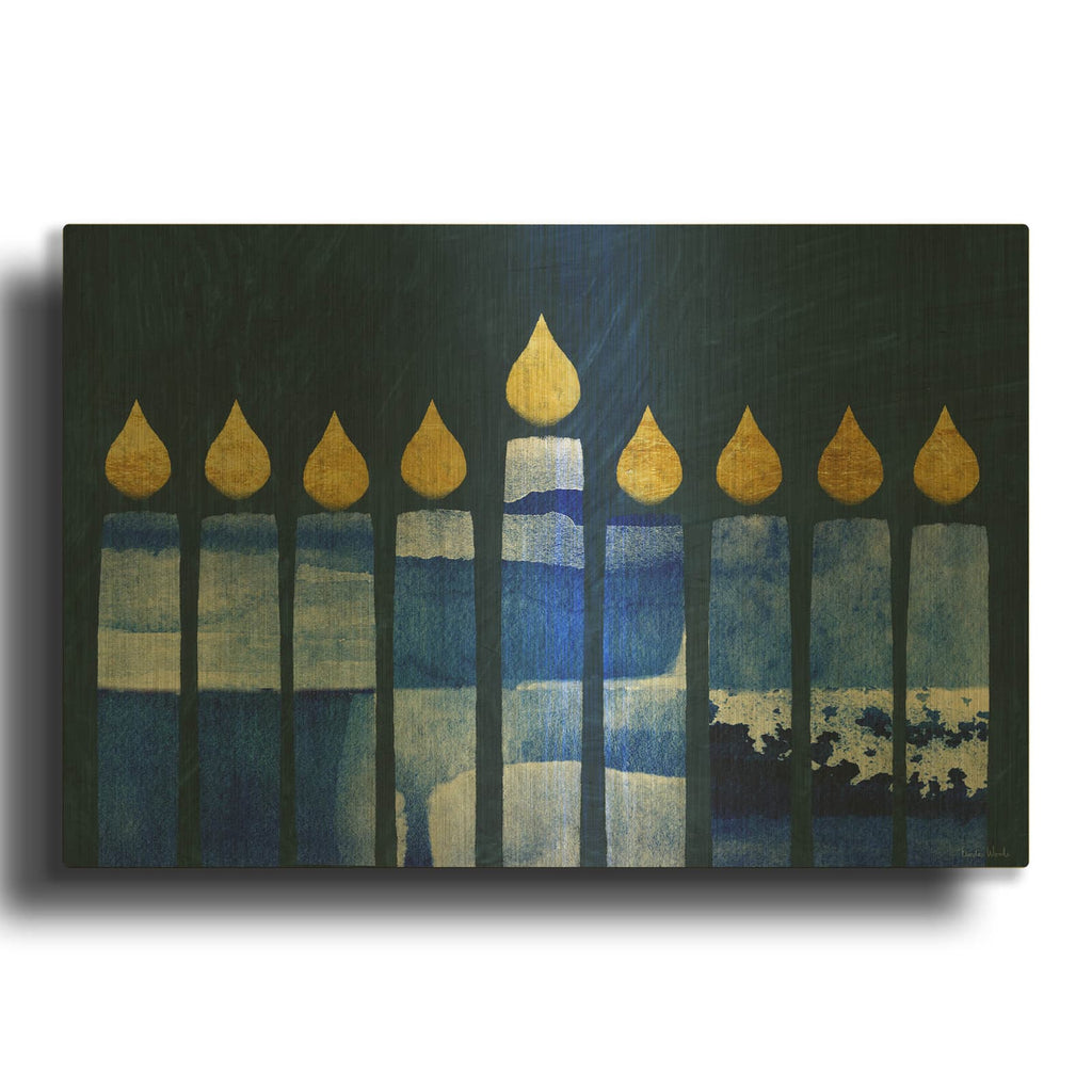 'Blue And White Menorah' By Linda Woods Gold Metal Wall Art