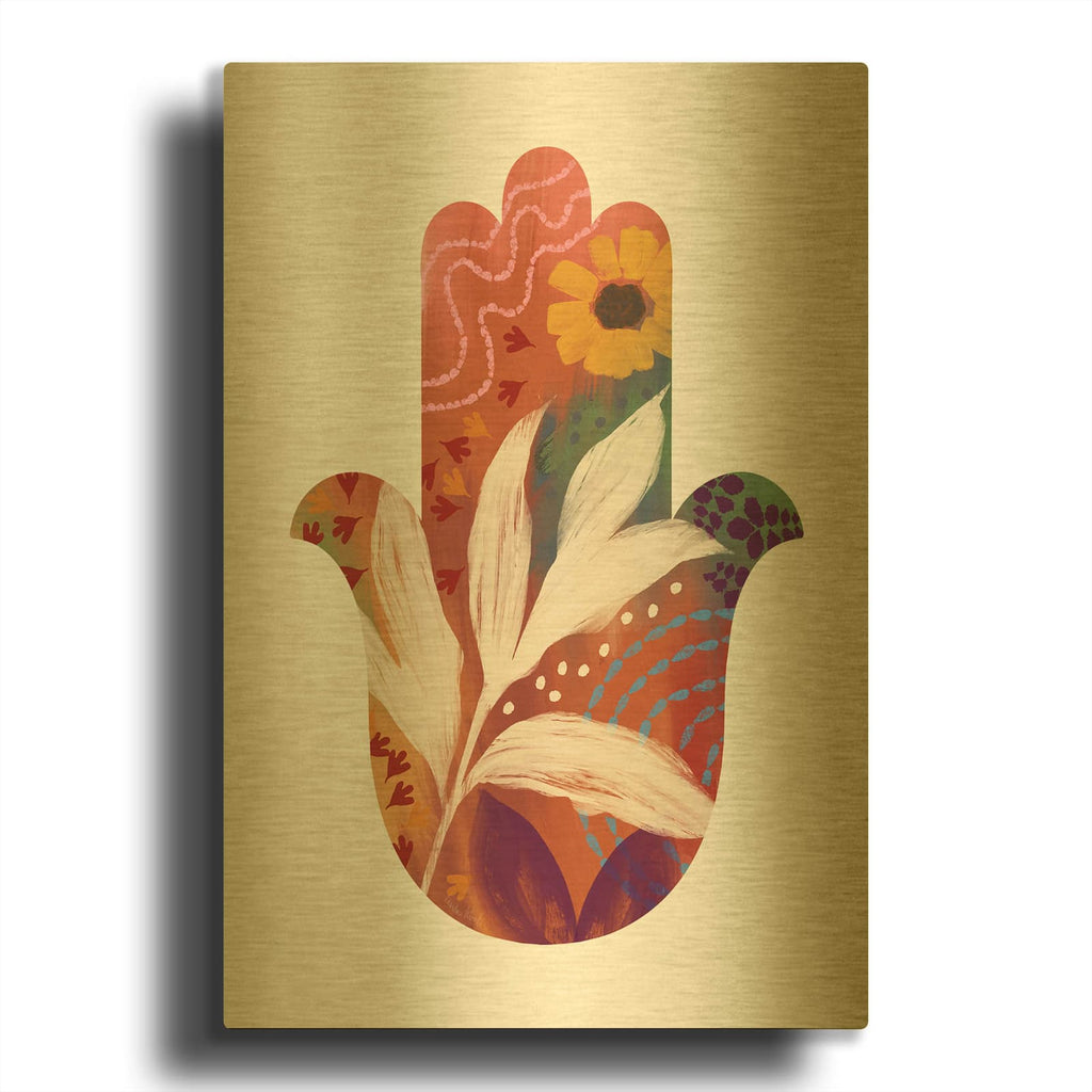 'Fall Hamsa' By Linda Woods Gold Metal Wall Art