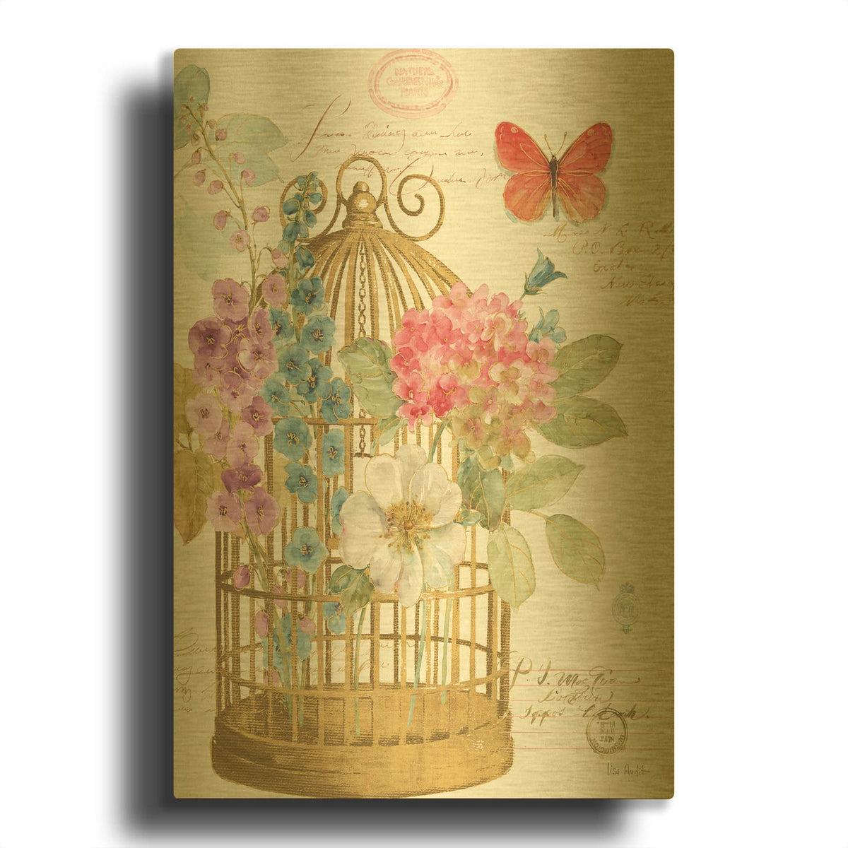 'Rainbow Seeds Romantic Birdcage II' By Lisa Audit Gold Metal Wall Art