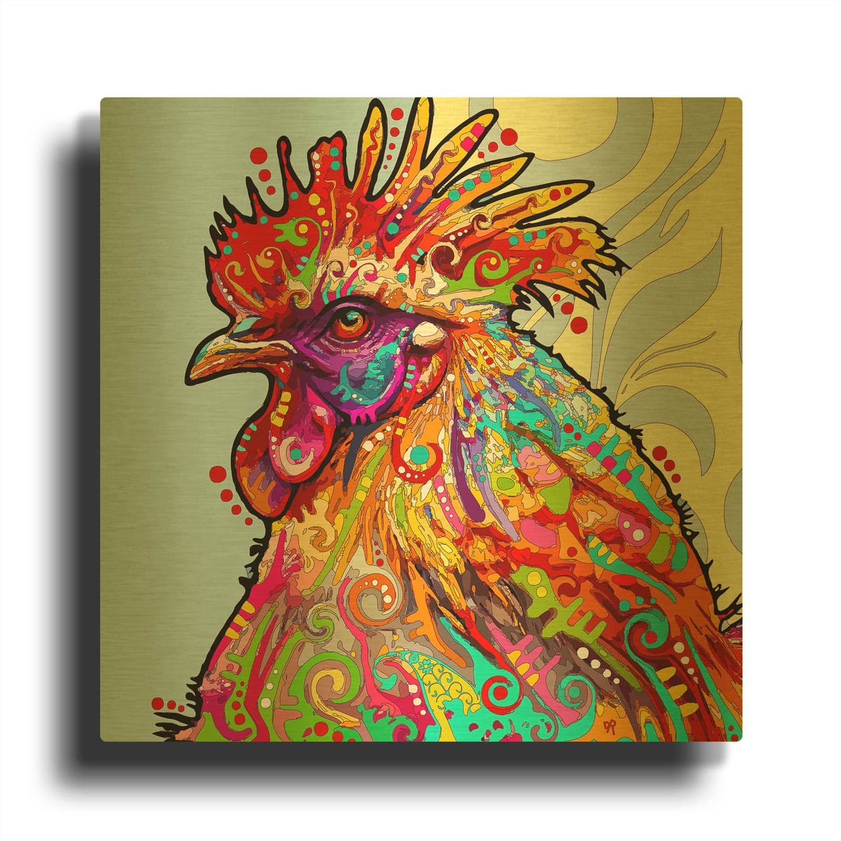 'Attentive Chicken' By Dean Russo Gold Metal Wall Art