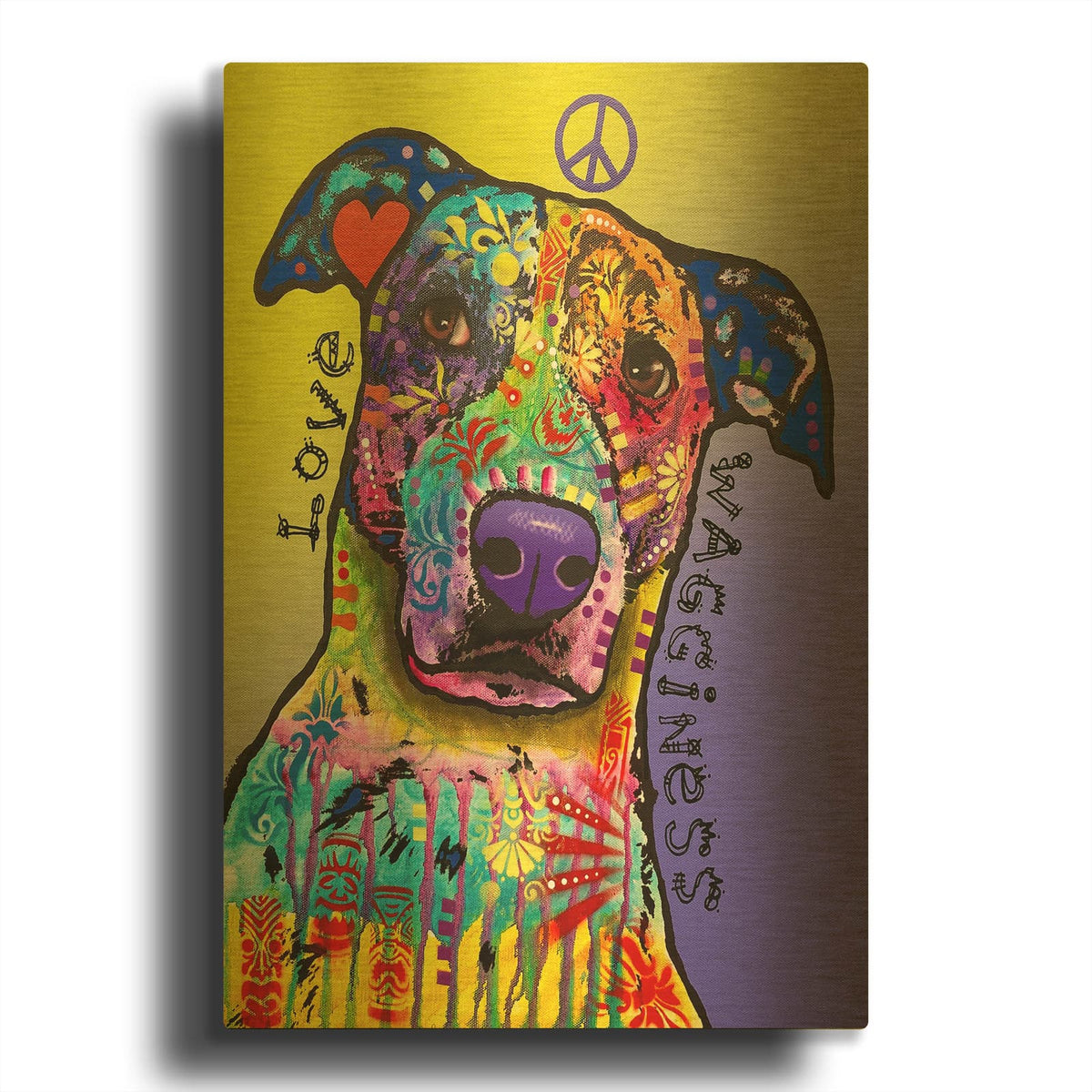 'Peace, Love, Wagginess' By Dean Russo Gold Metal Wall Art