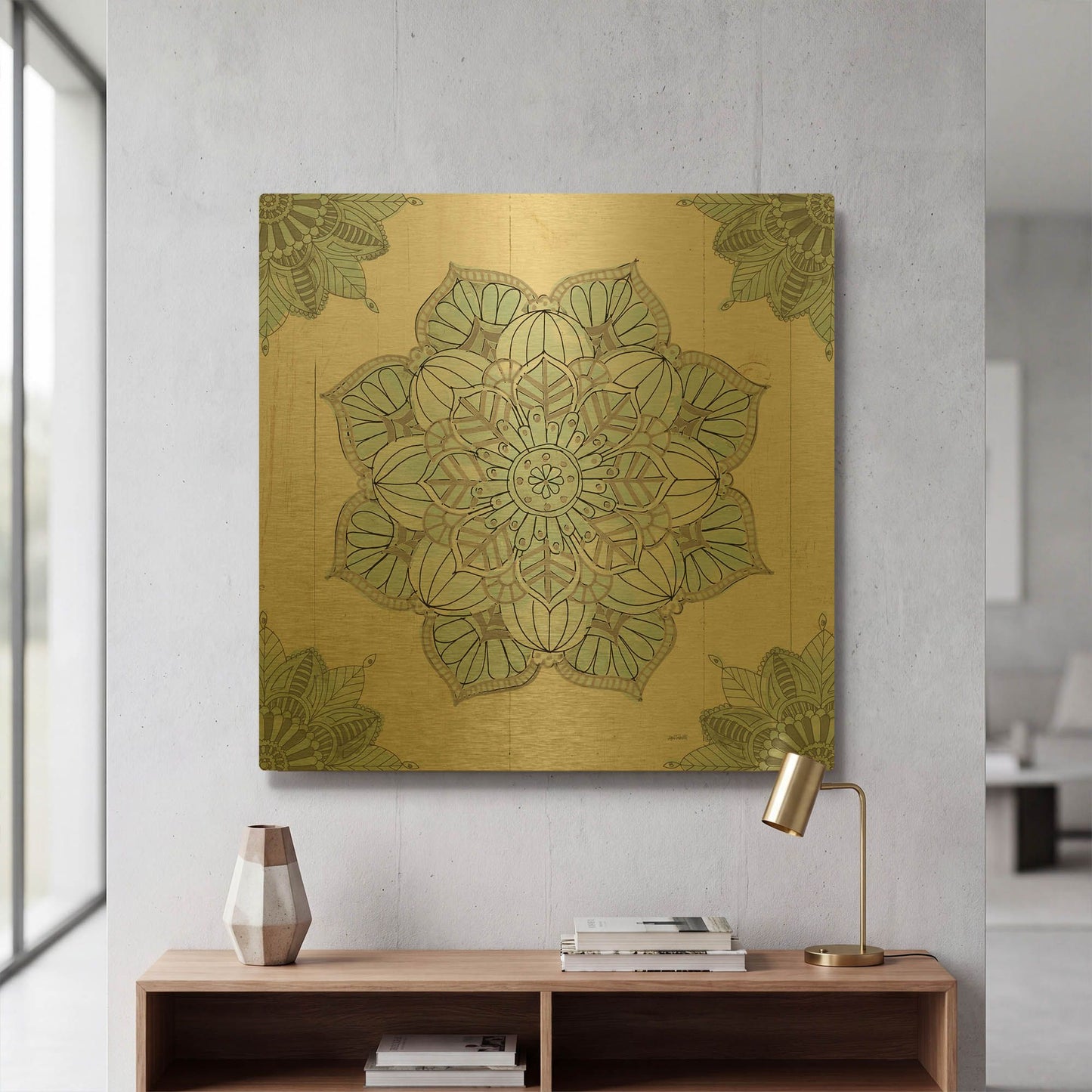 'Mandala Morning V Blue and Gray' By Anne Tavoletti Gold Metal Wall Art