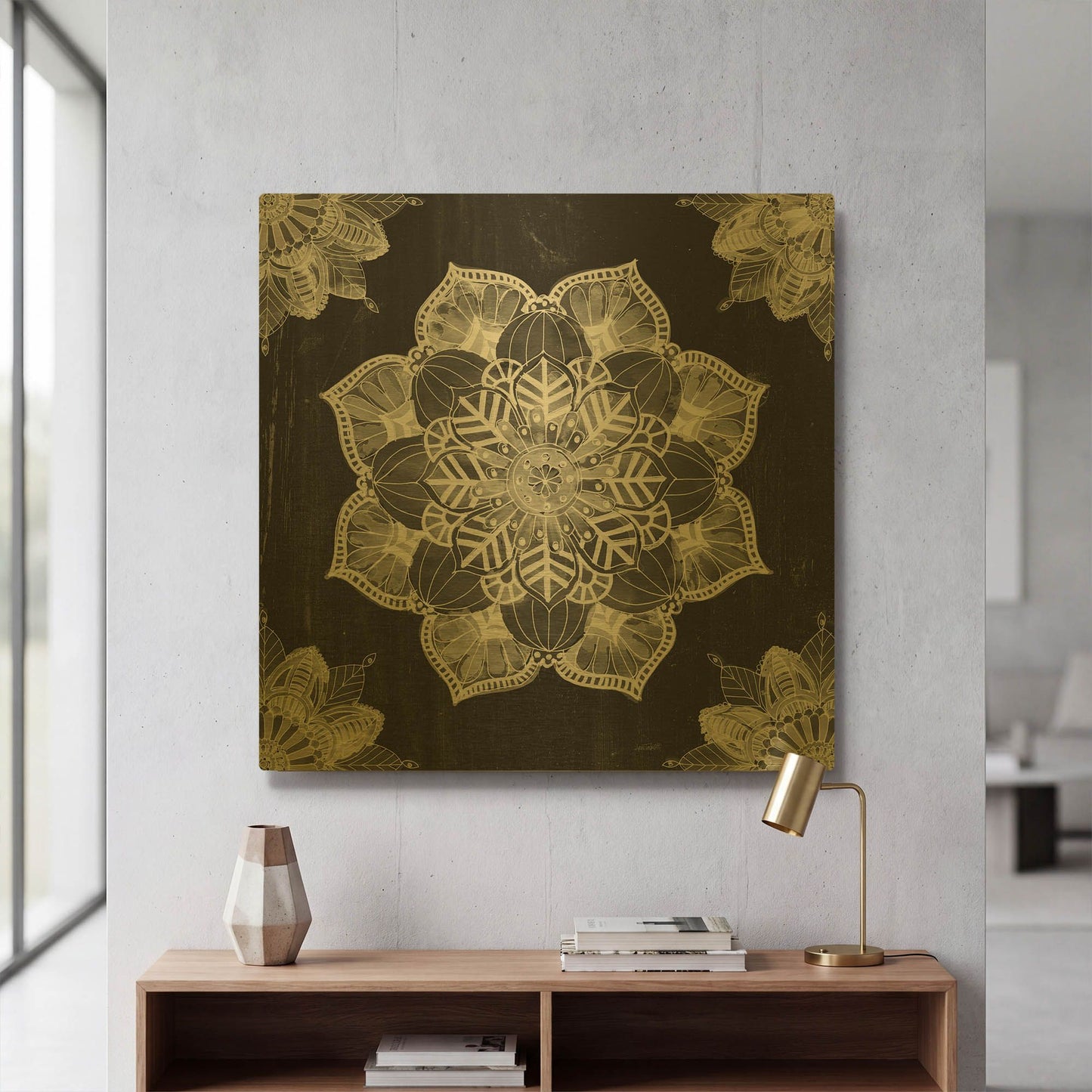 'Mandala Morning V Black and White' By Anne Tavoletti Gold Metal Wall Art