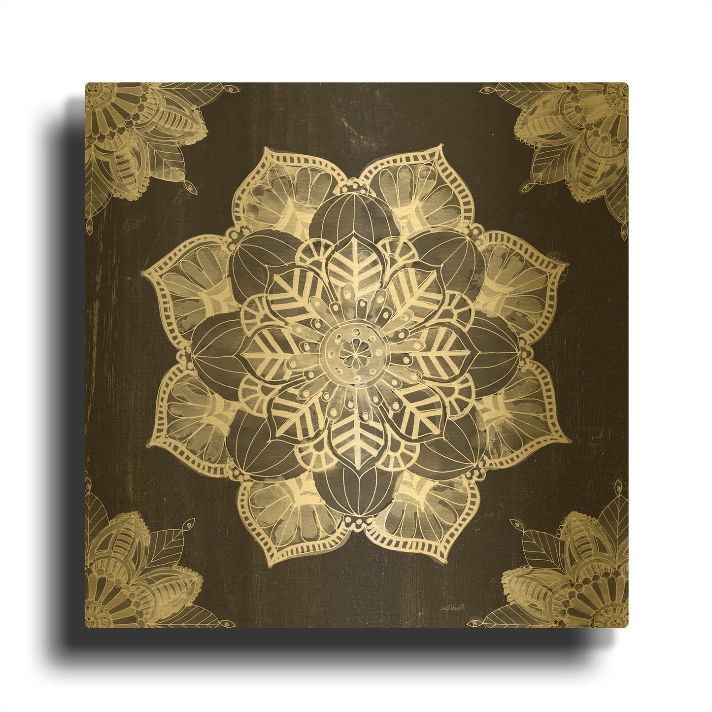'Mandala Morning V Black and White' By Anne Tavoletti Gold Metal Wall Art