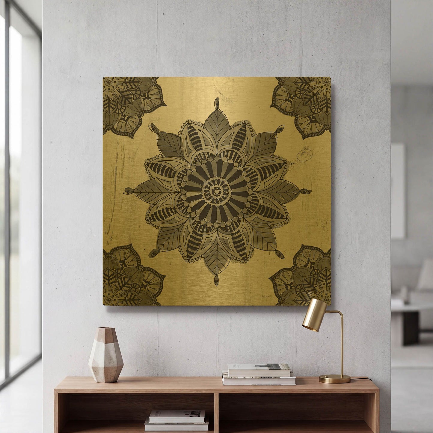 'Mandala Morning VI Black and White' By Anne Tavoletti Gold Metal Wall Art