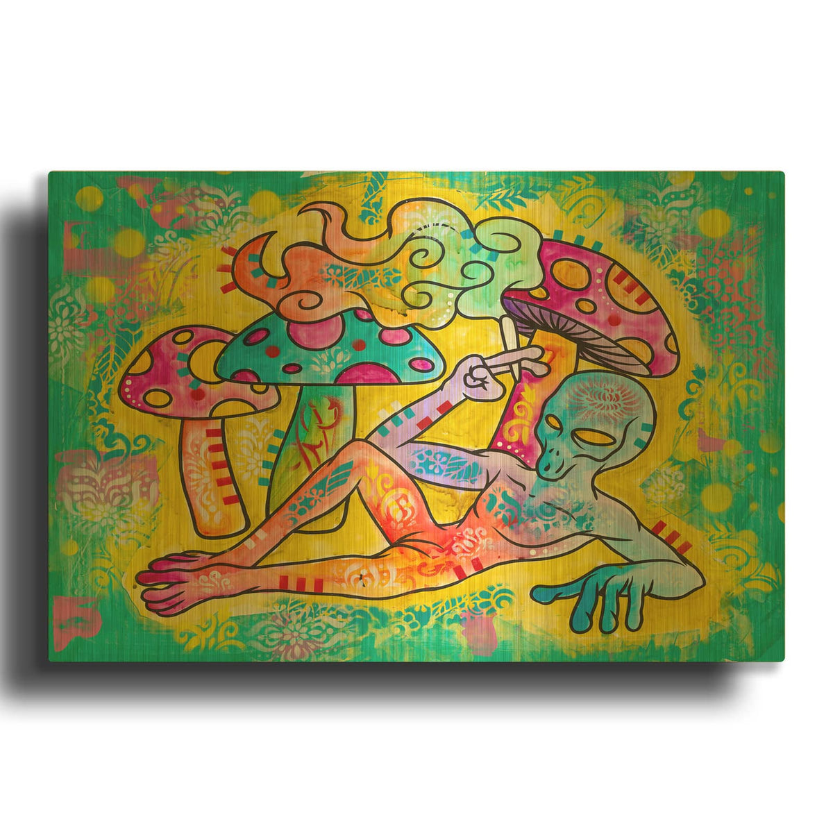 'Alien Smokin Mj Layin By Some Shrooms' By Dean Russo Gold Metal Wall Art