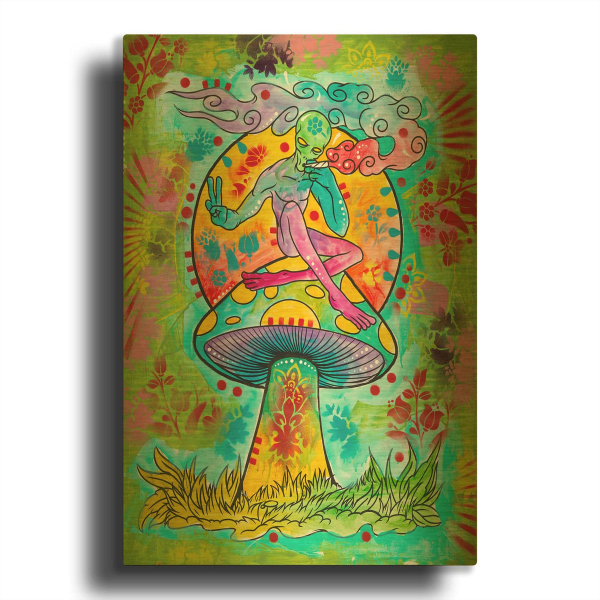 'Alien Smokin Mj On A Shroom' By Dean Russo Gold Metal Wall Art
