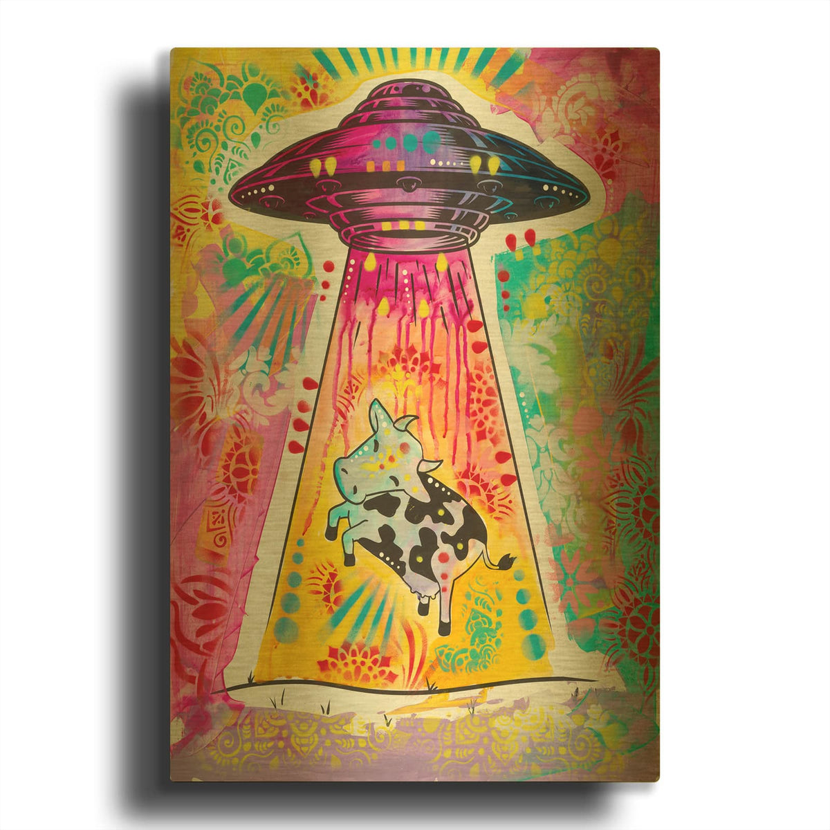 'Ufo Stealing Cow' By Dean Russo Gold Metal Wall Art