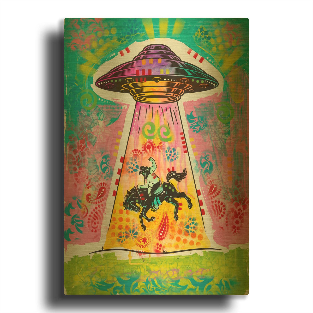 'Ufo Stealing Cowboy' By Dean Russo Gold Metal Wall Art