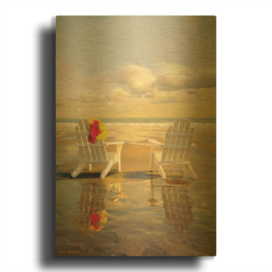 'Chairs On The Beach' By Carlos Casamayor Gold Metal Wall Art