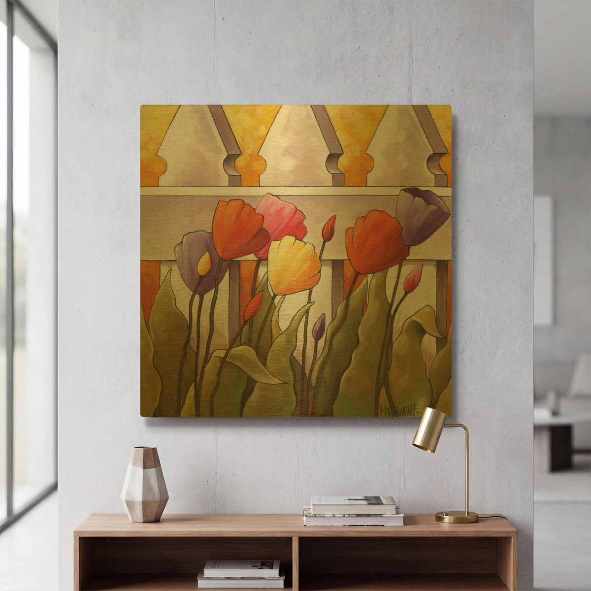 'Flower Fence 1' By Cathy Horvath Gold Metal Wall Art