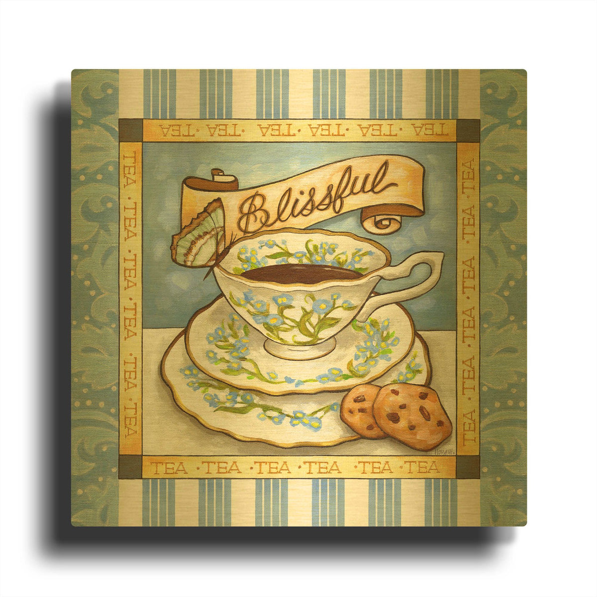'Tea Blissful Blue Teacup' By Cathy Horvath Gold Metal Wall Art