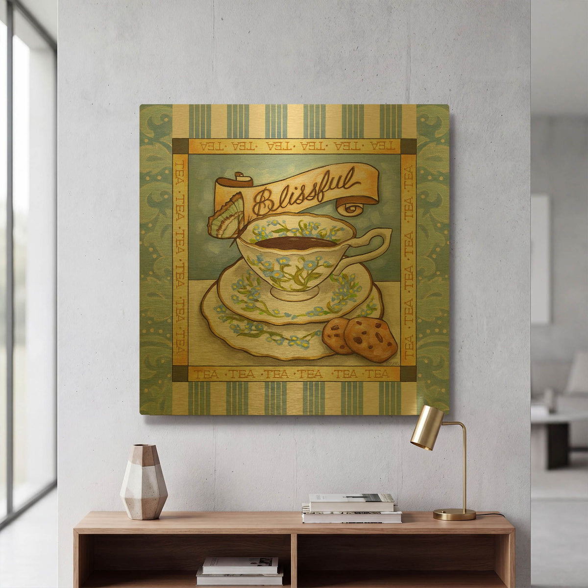 'Tea Blissful Blue Teacup' By Cathy Horvath Gold Metal Wall Art