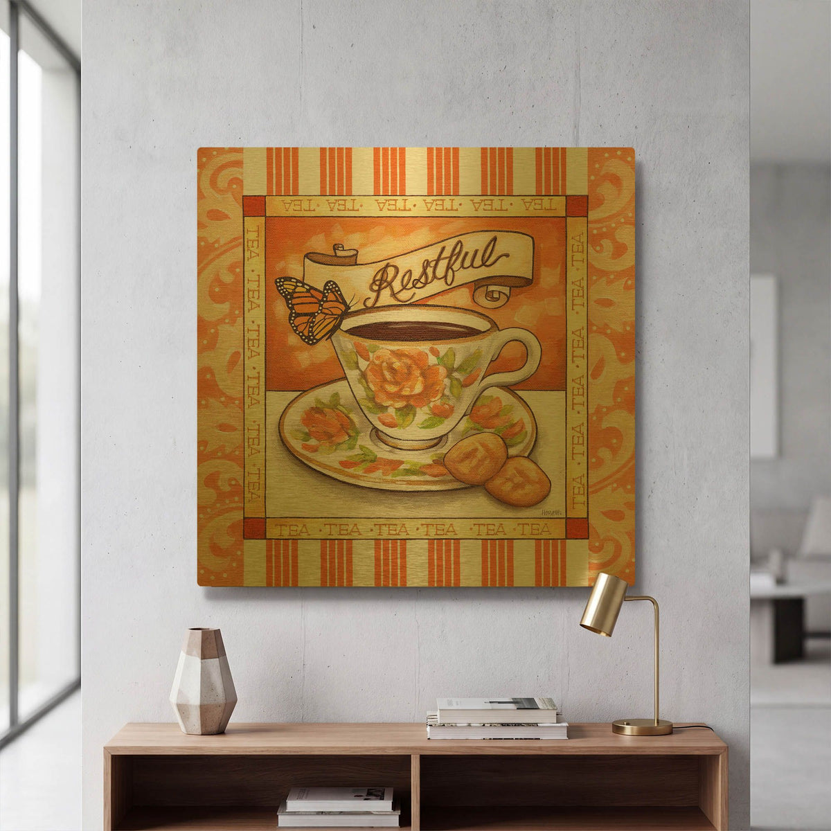 'Tea Restful Orange Teacup' By Cathy Horvath Gold Metal Wall Art