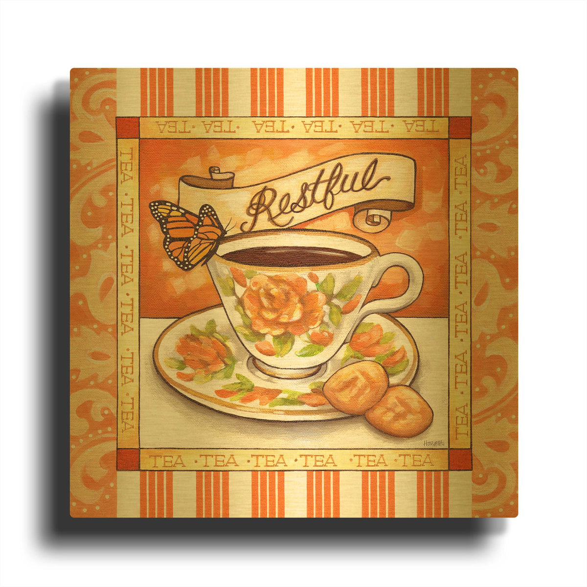 'Tea Restful Orange Teacup' By Cathy Horvath Gold Metal Wall Art