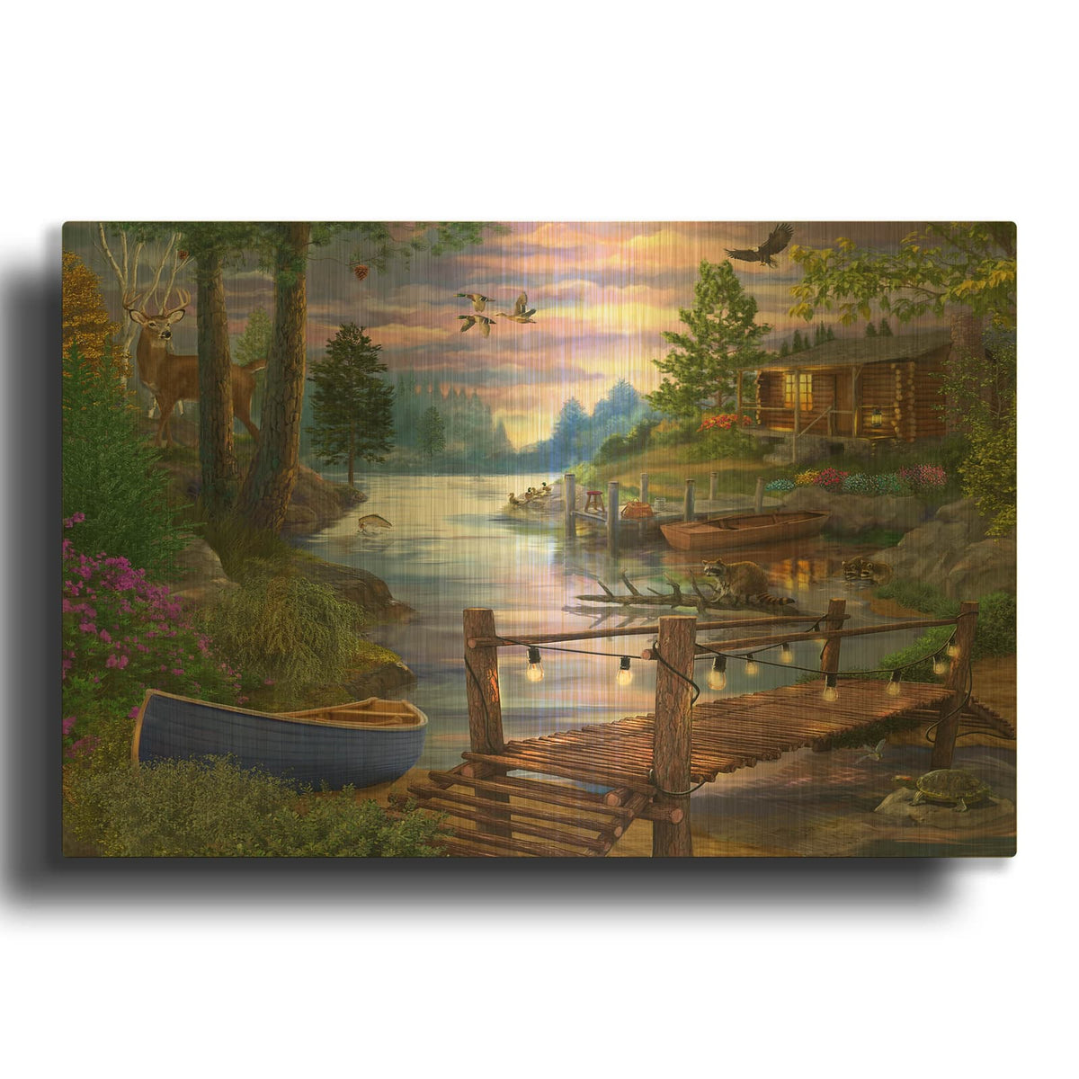 'Footbridge By The Lake' By Bigelow Illustrations Gold Metal Wall Art