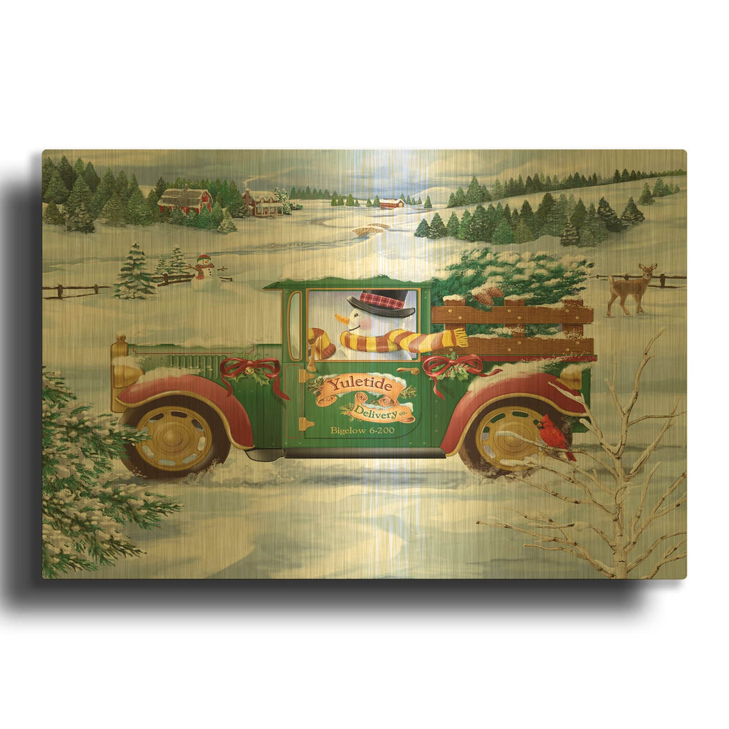 'Snowman Delivery' By Bigelow Illustrations Gold Metal Wall Art