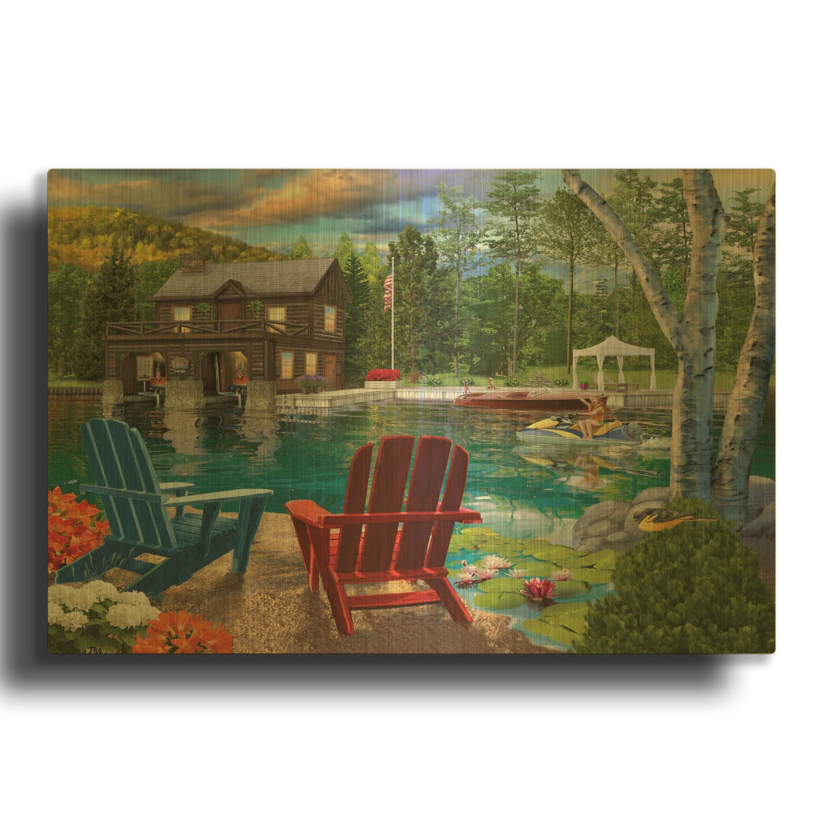 'Summer At The Boathouse' By Bigelow Illustrations Gold Metal Wall Art