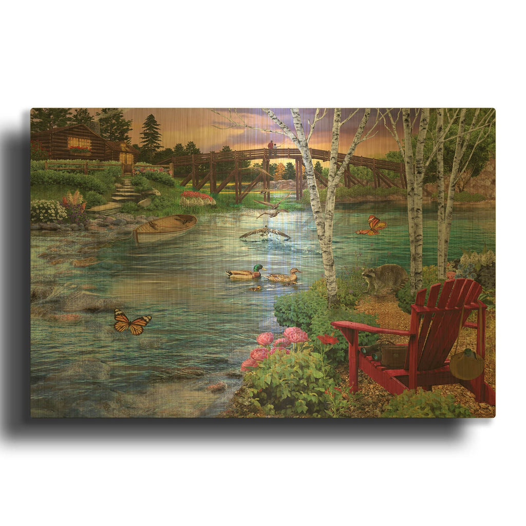 'Bridge Fishing' By Bigelow Illustrations Gold Metal Wall Art