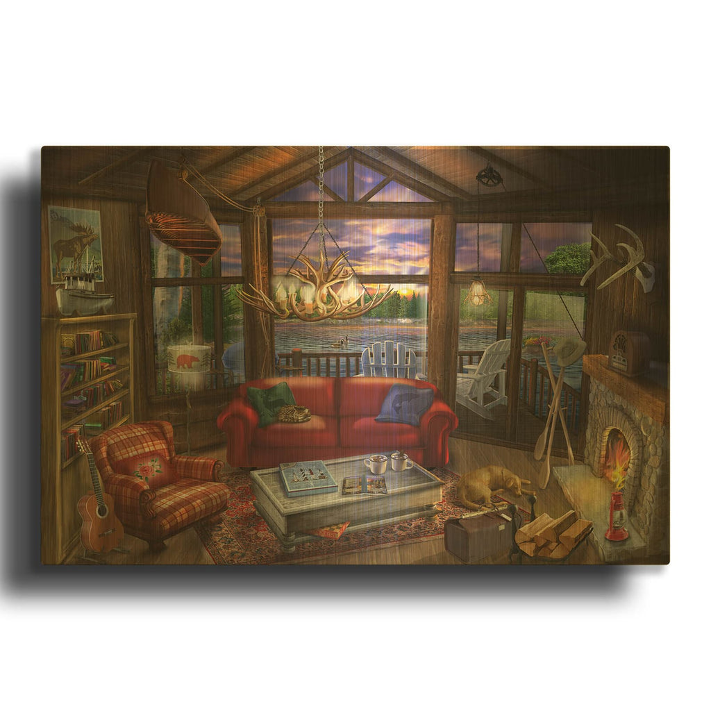 'Evening In The Cabin' By Bigelow Illustrations Gold Metal Wall Art