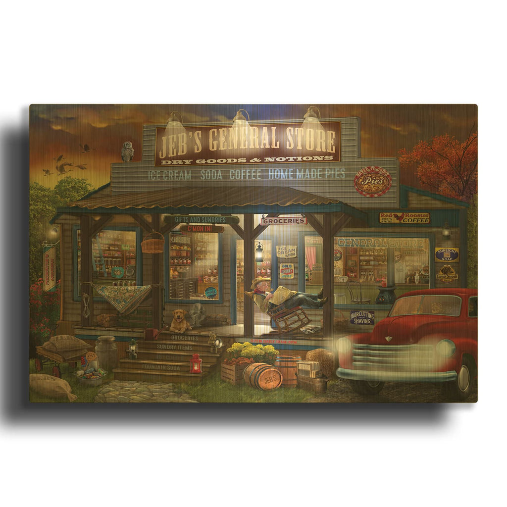 'Jebs General Store' By Bigelow Illustrations Gold Metal Wall Art